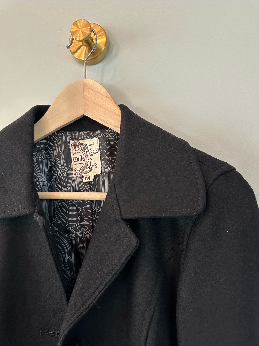 Tulle Black Wool Blend Peacoat Jacket Women’s Medium Fitted Retro Mod Coat - Picture 12 of 13